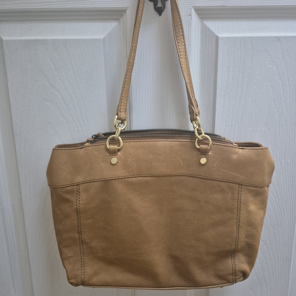 American Leather Tan Shoulder Tote with Gold‎ Hardware - Picture 7 of 9